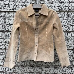 Y2K Wet Seal Suede Real Leather Patchwork Pearl Amber Snap Long Sleeve Shirt XS